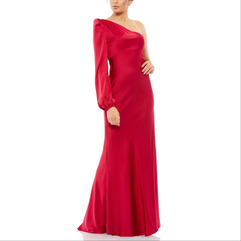 NEW Mac Duggal Ieena 55401 One Shoulder Blouson Sleeve Satin Gown